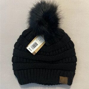 CC Beanie Black Faux Fur Pom Beanie Brand New With Tags